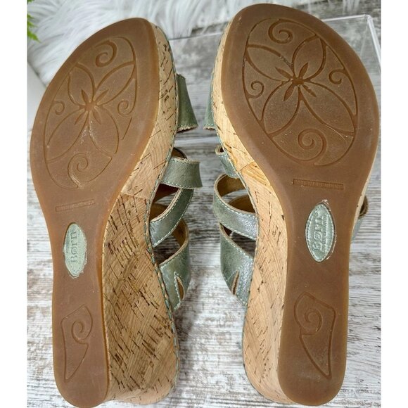 Born Zemora Slip On Leather Wedge Sandal Shoe Women's Sz 9 Green Metallic Beachy - Picture 9 of 13